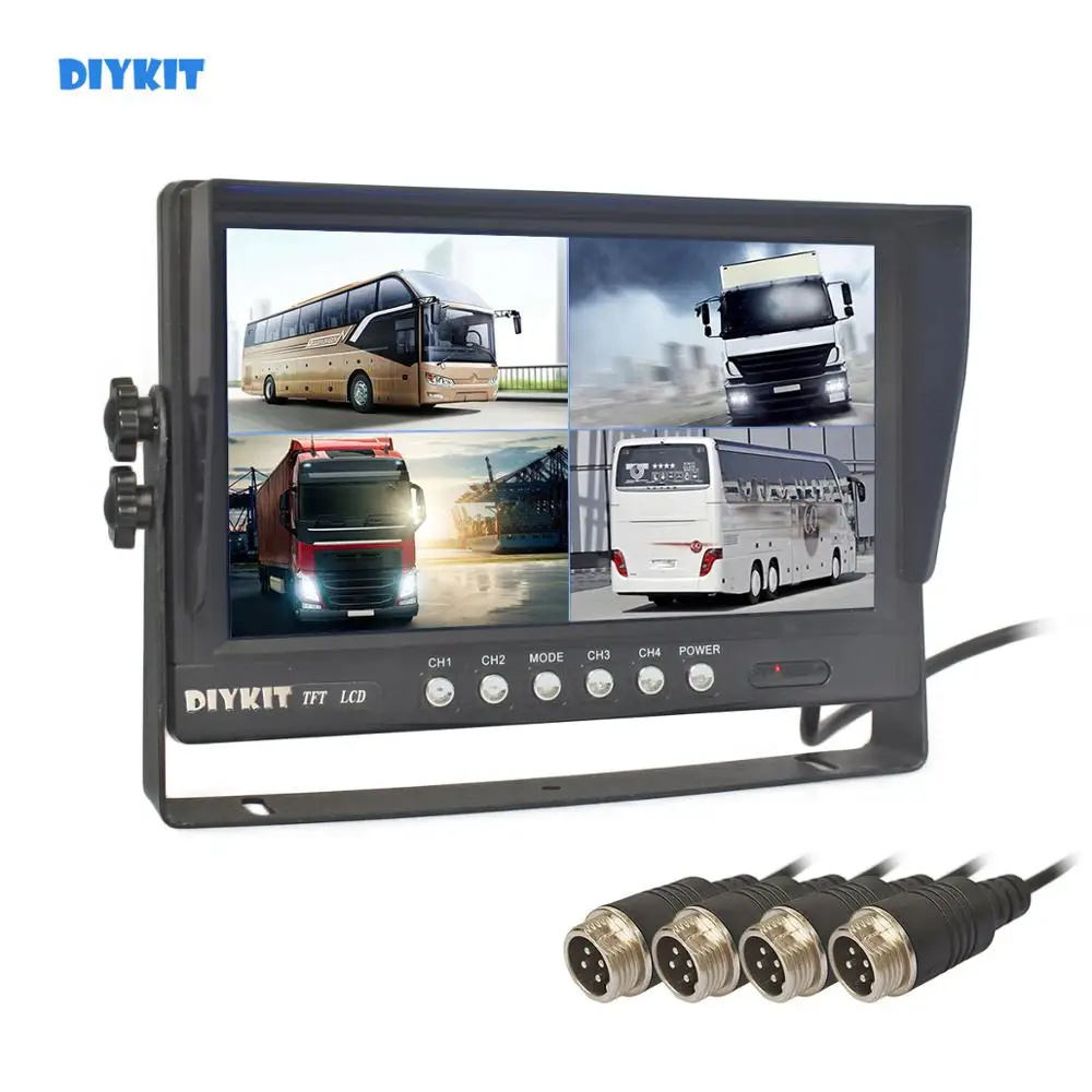 

DIYKIT 9" 4CH 4PIN 4 Split Quad Screen Display Backup Rear View Car Monitor for Car Truck Bus Reversing Camera 12V-24V DC