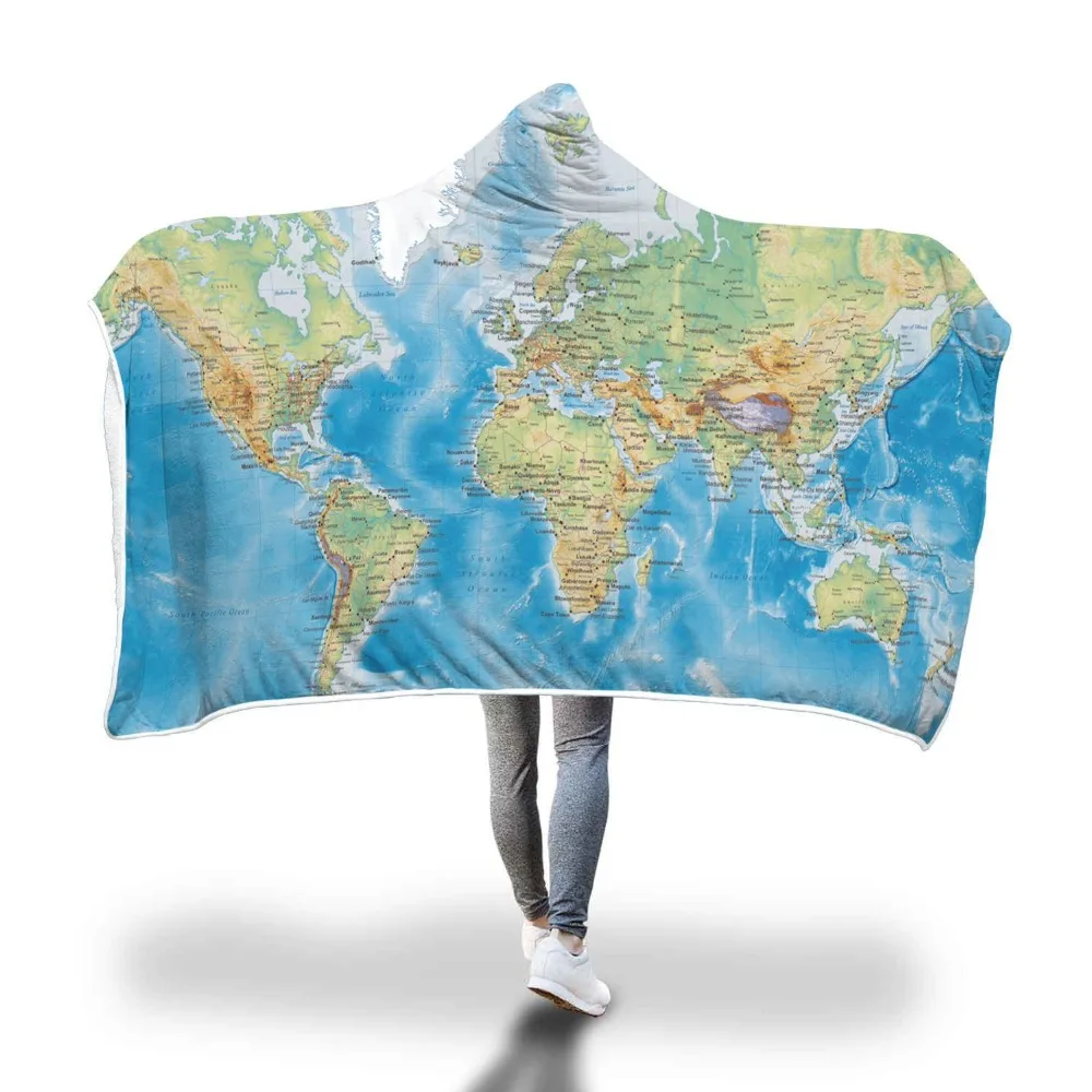 

3D Printed Thicking Hooded Blanket for Adult World Map Sherpa Fleece Wearable Throw Blanket Microfiber Galaxy Bedding