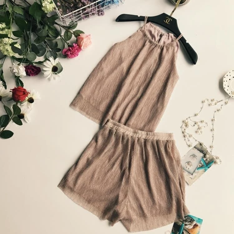 New Arrival Summer Women Fashion Rayon Halter Sexy Sleeveless Regular Solid Urban Sets Female Casual Beach Bling Crop Top Shorts | Женские