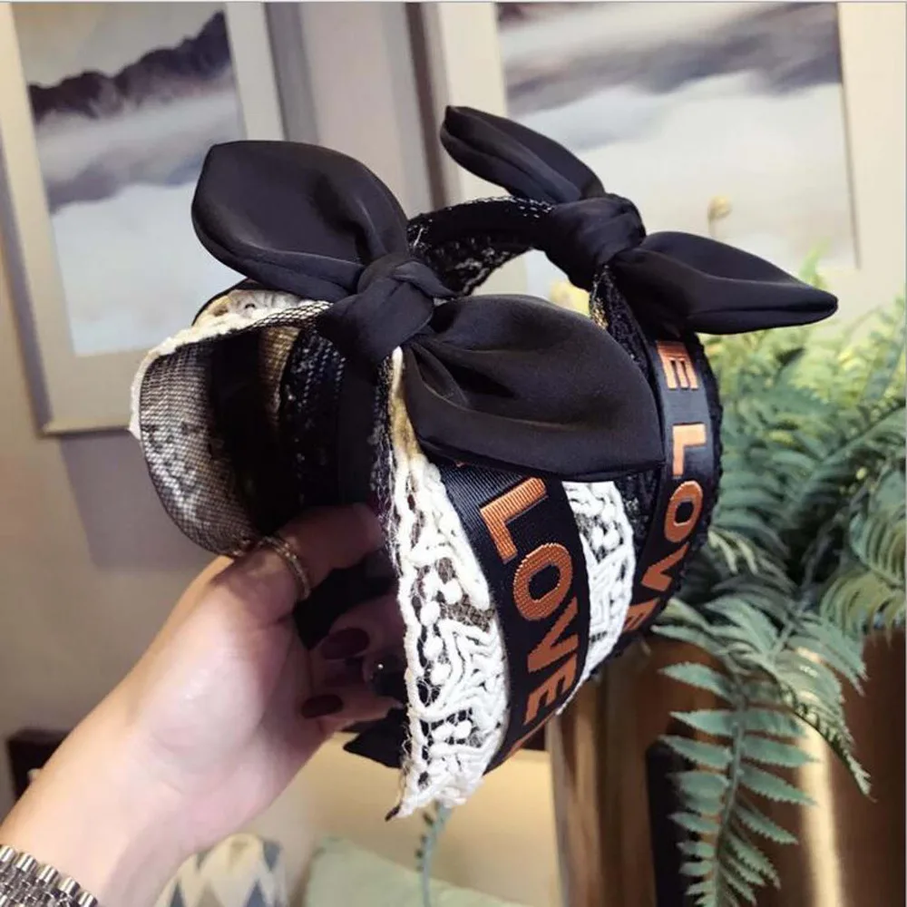 Fashion Big Bowknot Hairband Love Print Head Band Lace Hair Accessories Fresh Women Hoop Striped Bands Wholesale |