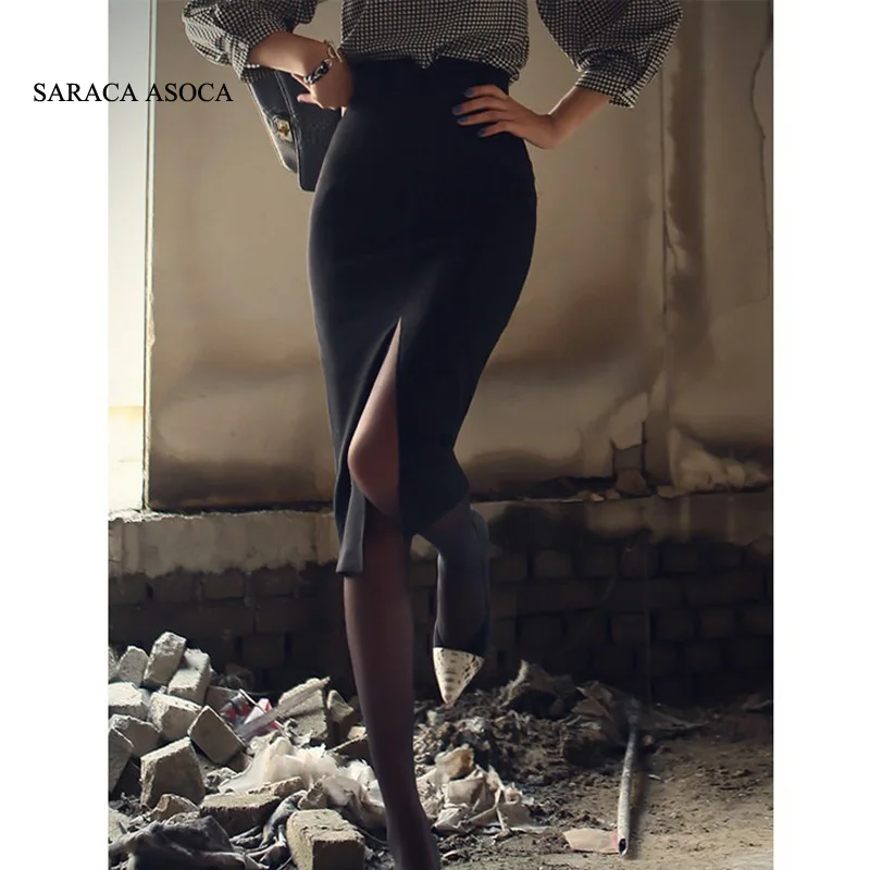 Женская длинная юбка карандаш с высоким разрезом эластичная черная высокой