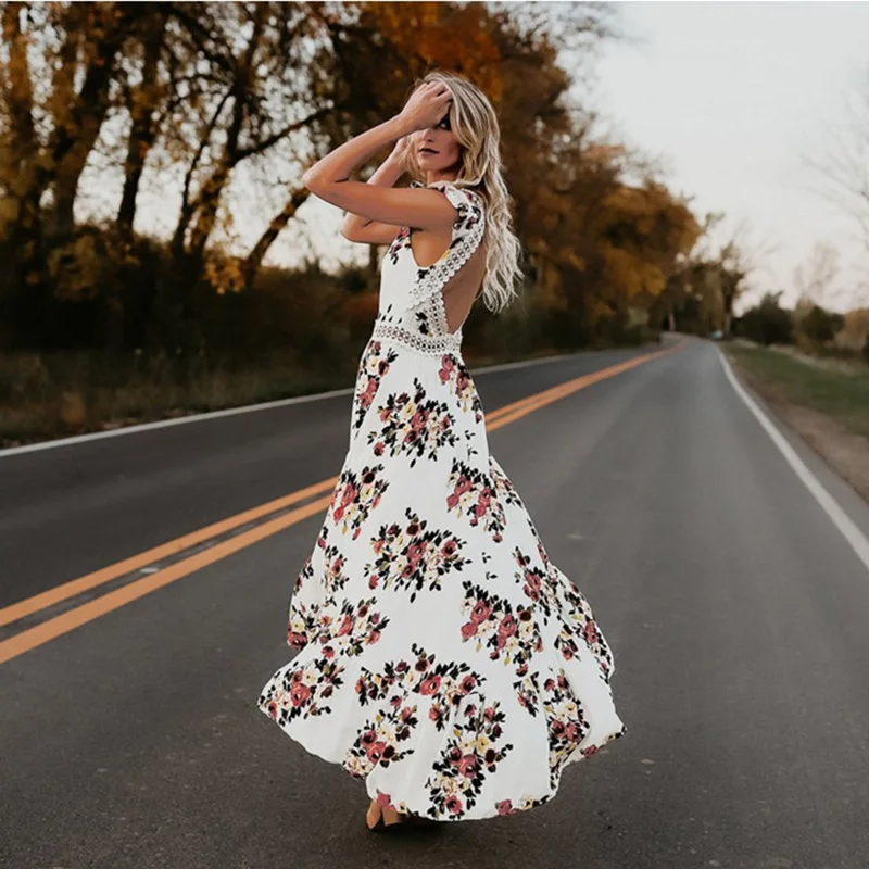 Элегантное кружевное Макси-платье с цветочным принтом vestidos сексуальное летнее