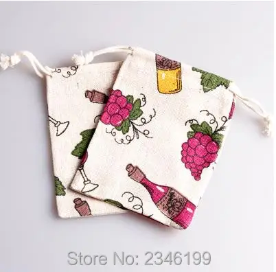 

50pcs 9x12cm 14x16cm 19x24cmCotton Gift Bags With Grape & Wine Printing Storage Package Lovely Drawstring Pouches Packaging Bags