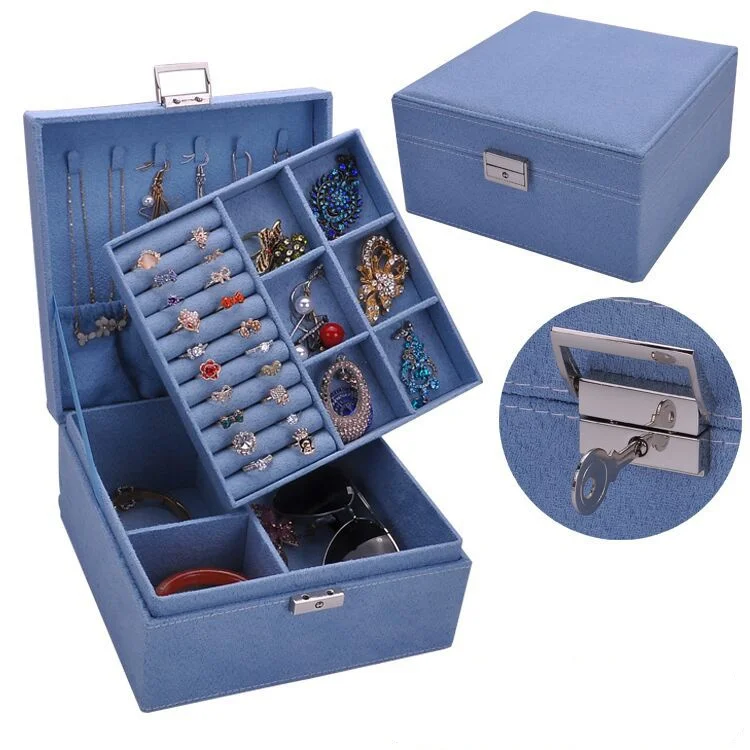 new blue Новые женские высококачественные бархатные двухслойные кольца для ожерелья и т. д. органайзер для макияжа кубики ювелирные изделия дисплей/коробки для украшений для девочек 705 - Цвет: new blue