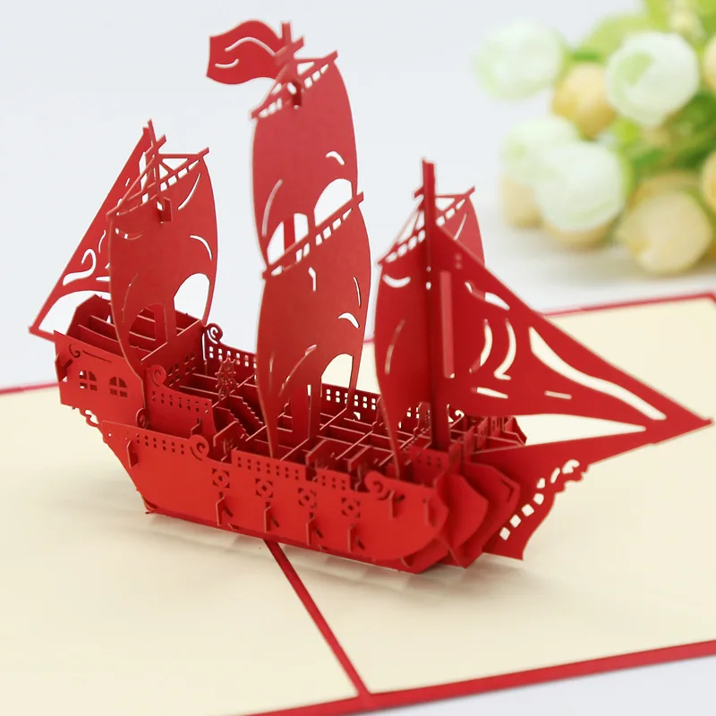 sailboat-red 3D всплывающие Пригласительные открытки 3D бумажные мировые аттракционы поздравительные открытки на день рождения 3D туристическая открытка сохранить дату Подарочная открытка для мальчика - Цвет: sailboat-red
