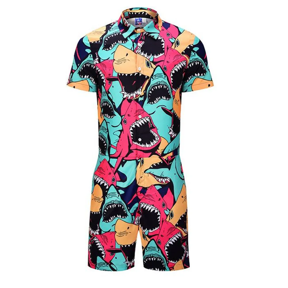 Coverall Мужская рубашка акула футболка с коротким рукавом и принтом Футболка отдых плюс размер повседневная свободная пляжная рубашка Лето Новинка