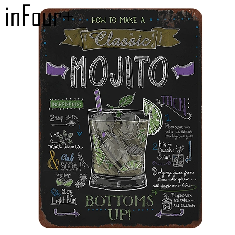 Классический коктейльный рецепт Mojito винтажный металлический жестяной знак