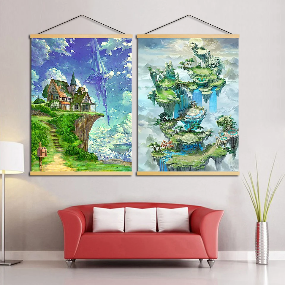 Nordic Scroll Modern Wall Art Ninokuni Pictures Canvas Solid Wood Game Hanging Painting Printed Kids Room Poster Home Decoration | Дом и сад