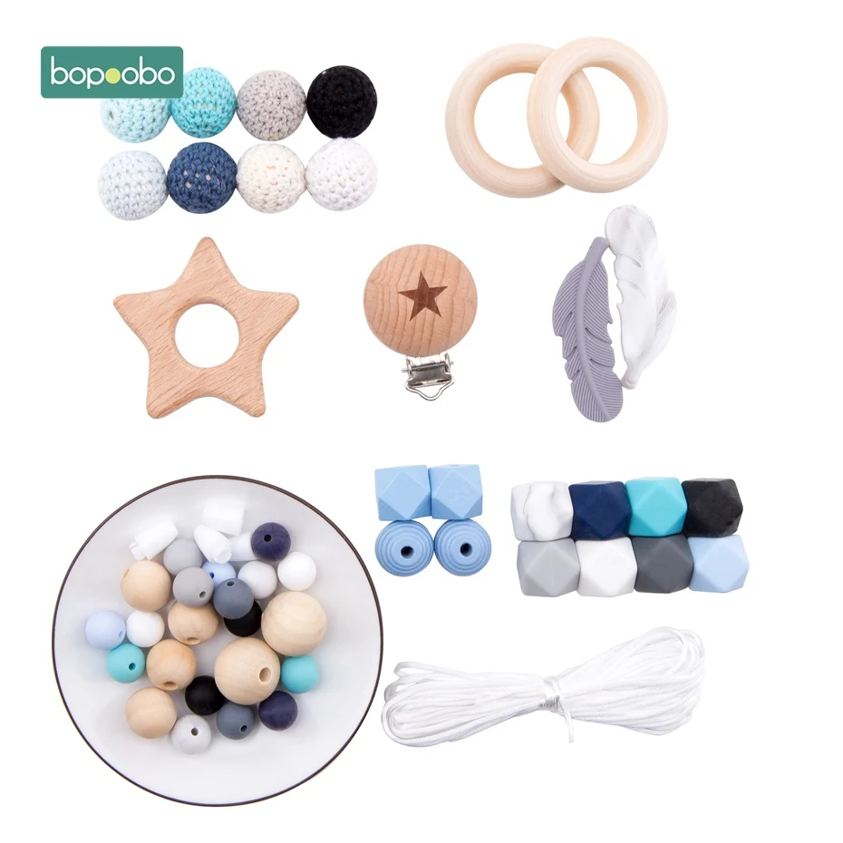 Blue Star Set Bopoobo 1Set Baby Teether DIY Silicone Beads Pacifier Clip Chain Baby Mobile Wool ball BPA Free Wooden Crochet Beads Teether - Цвет: Blue Star Set