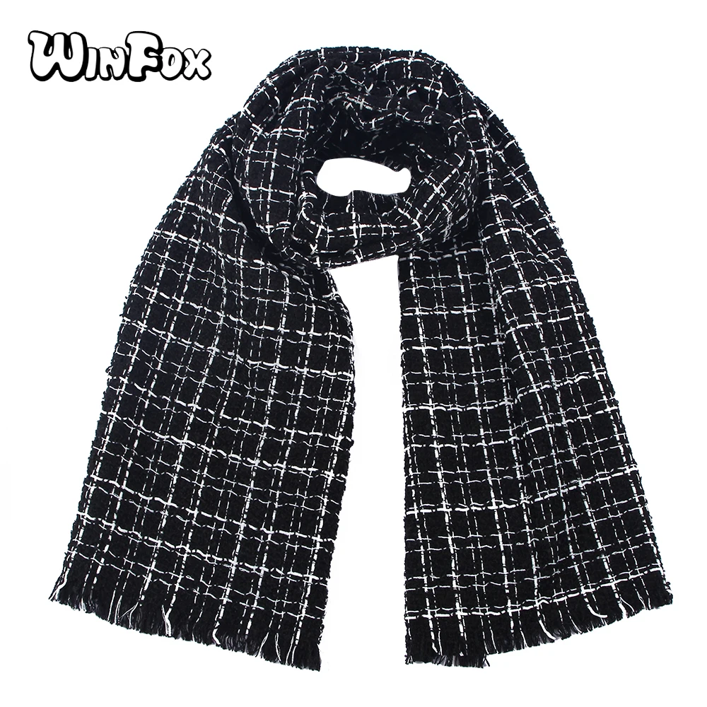 Winfox модные черно белые зимние шотландские клетчатые шарфы женские с бахромой