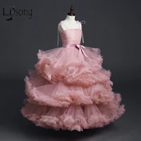 pretty 2018 dusty pink tutu pageant dresses for girls lace bow long flower girl dress ball gowns kids communion dresses