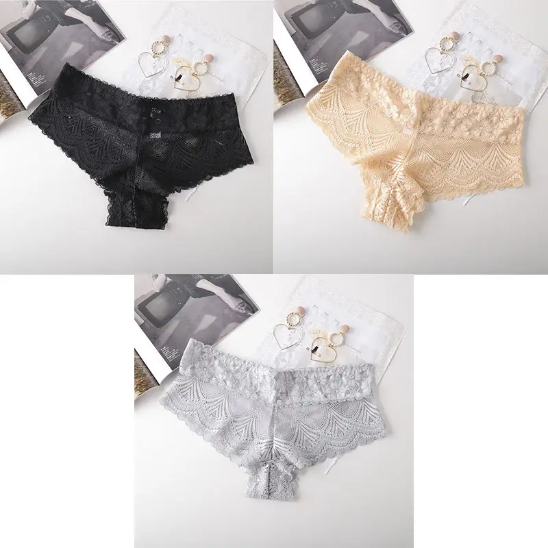 black grey nude 3 шт., женские трусики, сексуальное кружевное нижнее белье с низкой талией, Женские Дышащие прозрачные брендовые качественные новые женские трусики BANNIROU - Цвет: black grey nude
