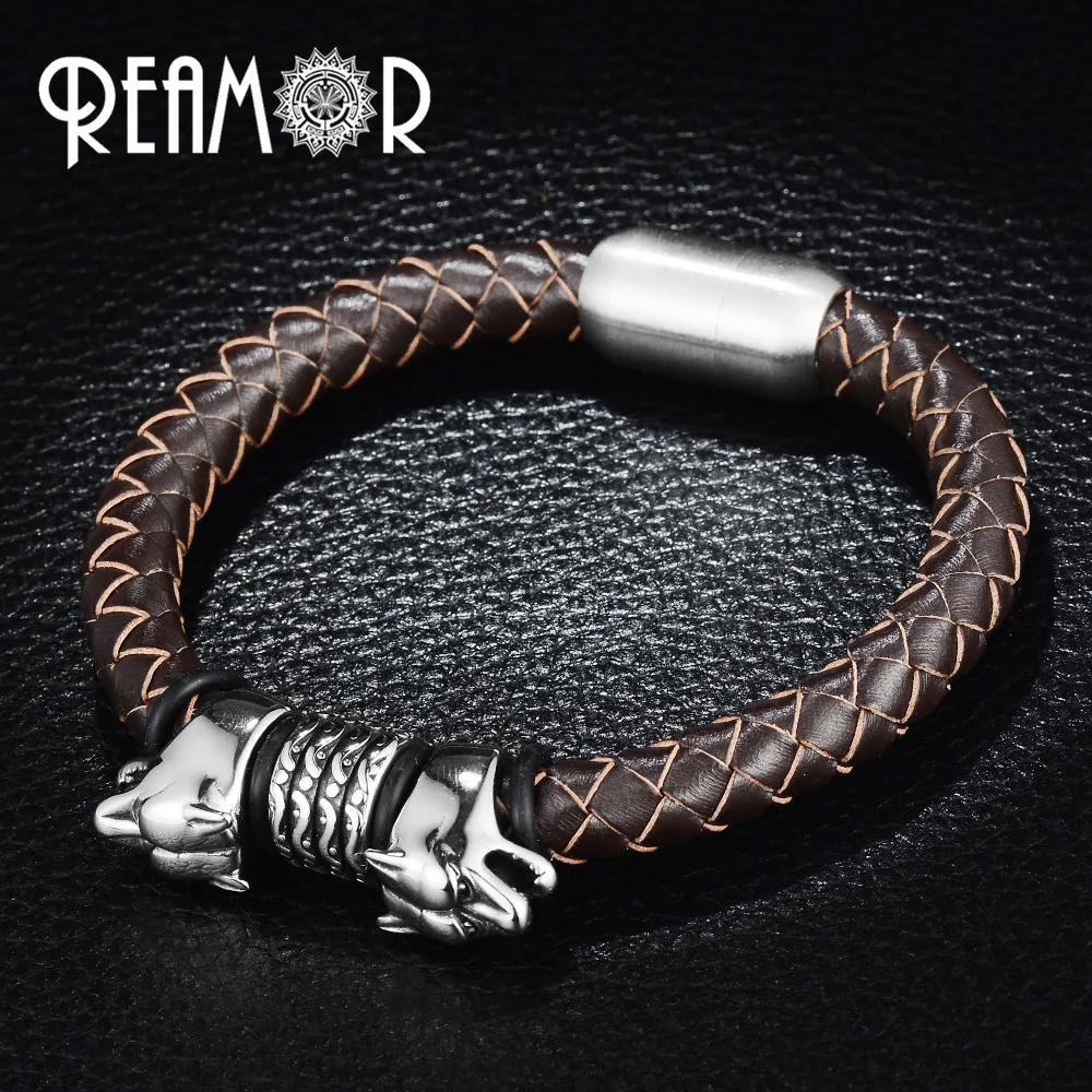 Мужской браслет с волчьей головкой REAMOR плетеный из нержавеющей стали 316L