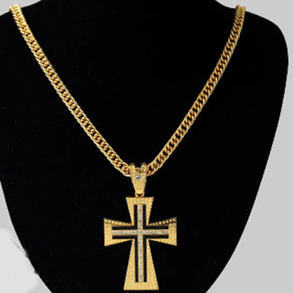 

Large Cross Pendant Yellow Gold Filled Mens Crucifix Pendant Chain Necklace Inlaid Cz