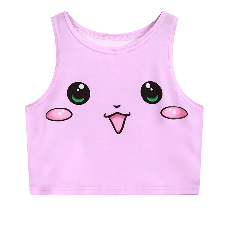 New Cartoon Pattern Crop Top Women Camis Pikachu Charmander Squirtle Print tank Tops Colorful Sleeveless Tee Vest |