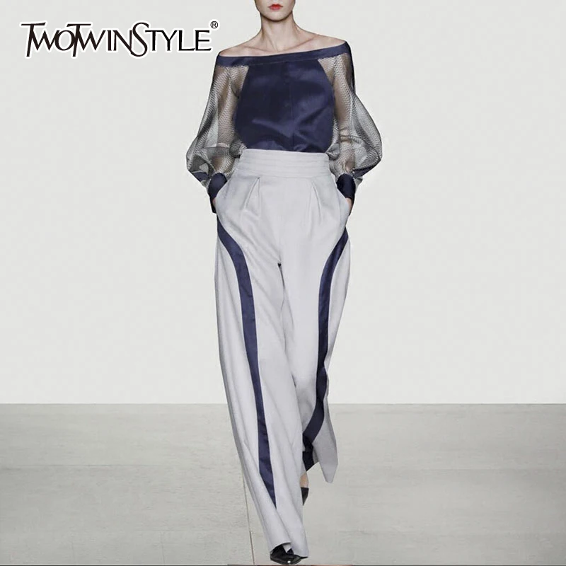 TWOTWINSTYLE широкие брюки костюмы женские Лоскутные сланцы шеи фонарь рукав блузка с