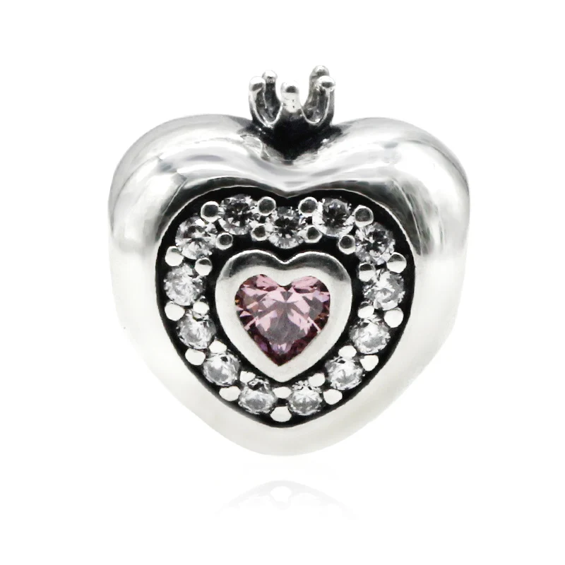 

925 sterling silver Queen Crown Pink Zircon heart charm Fit ladies original Pandora bracelet Bangle beads 925 jewelry