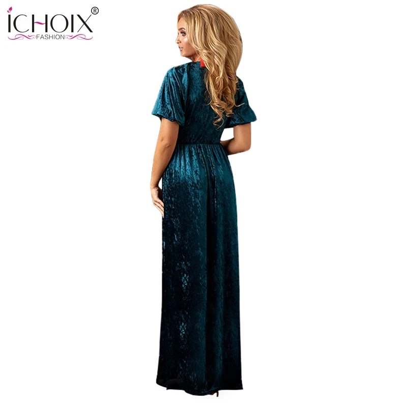 ICHOIX осеннее бархатное розовое Длинное Платье женское винтажное в пол однотонное элегантное облегающее платье зимние теплые платья вечернее платье