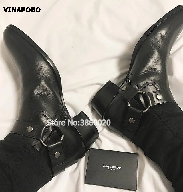 VINAPOBO/; черные мужские ботинки «Челси» из натуральной кожи на плоской подошве с ремешком и пряжкой и цепочкой; ботильоны с эластичными лентами; Роскошная Брендовая обувь