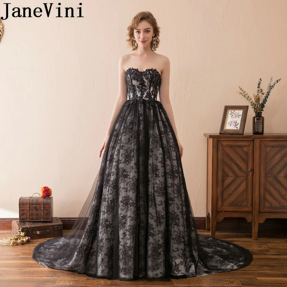 

JaneVini Elegant Black Lace Godmother Wedding Party Dress Sweetheart Long Train Mother Of The Bride Dresses A Line Evening Gowns