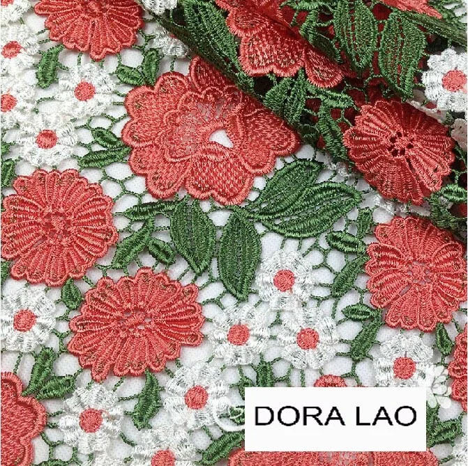 

90cm orange flower green leaves embroidery water soluble cutout lace fabric for dress shirt clothes wedding decoration