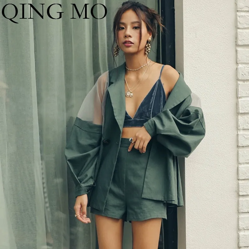 QING MO женский зеленый комплект из двух предметов топ с отложным воротником и