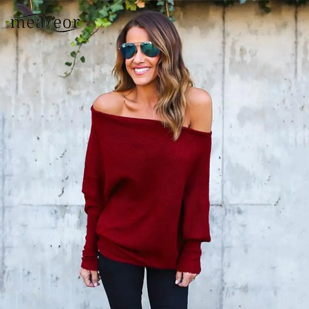 Meaneor One Shoulder Women Sweaters Batwing Sleeve Baggy Ladies Pullover Tops Autumn Spring Knitted Sweater Solid | Женская одежда