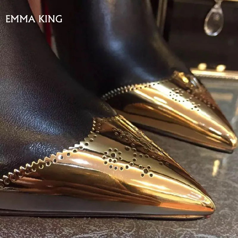 Emma king/пикантные Модные ботильоны черного и золотого цвета; ботинки на шпильке с острым носком; обувь для вечеринок; женская обувь; большие размеры; Botas Mujer