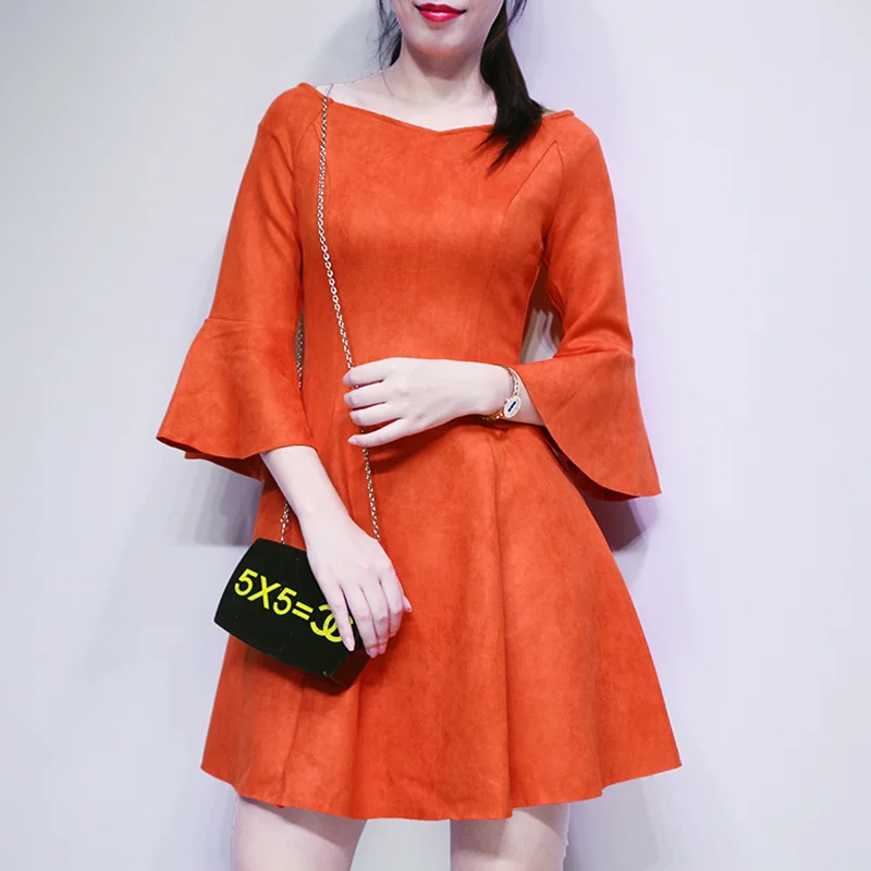 Женское Замшевое платье с рукавами фонариками завышенной талией|sleeve dress|suede dressflare
