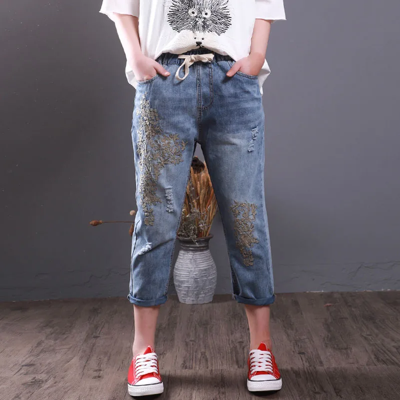 QPFJQD в национальном стиле винтажные потертые женские джинсы с цветочным рисунком