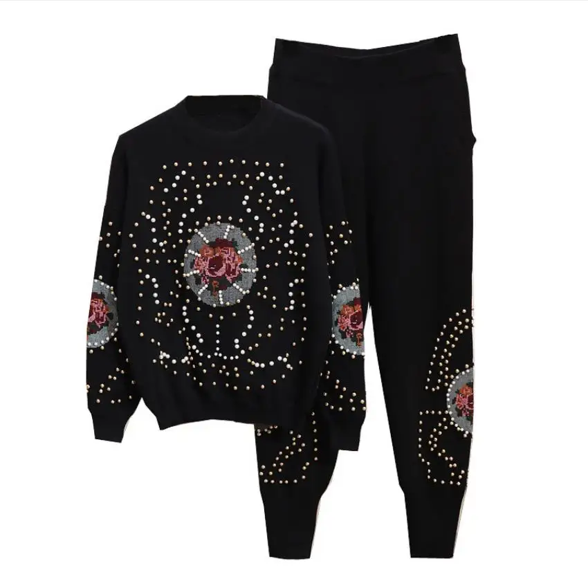 fashion brand diamond beading suits female woolen warm knit sweaters + rivet beading knit pants two pieces sets wq2384 factory