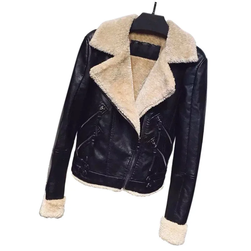 Женская куртка из искусственной кожи осенне зимнее пальто с отложным воротником