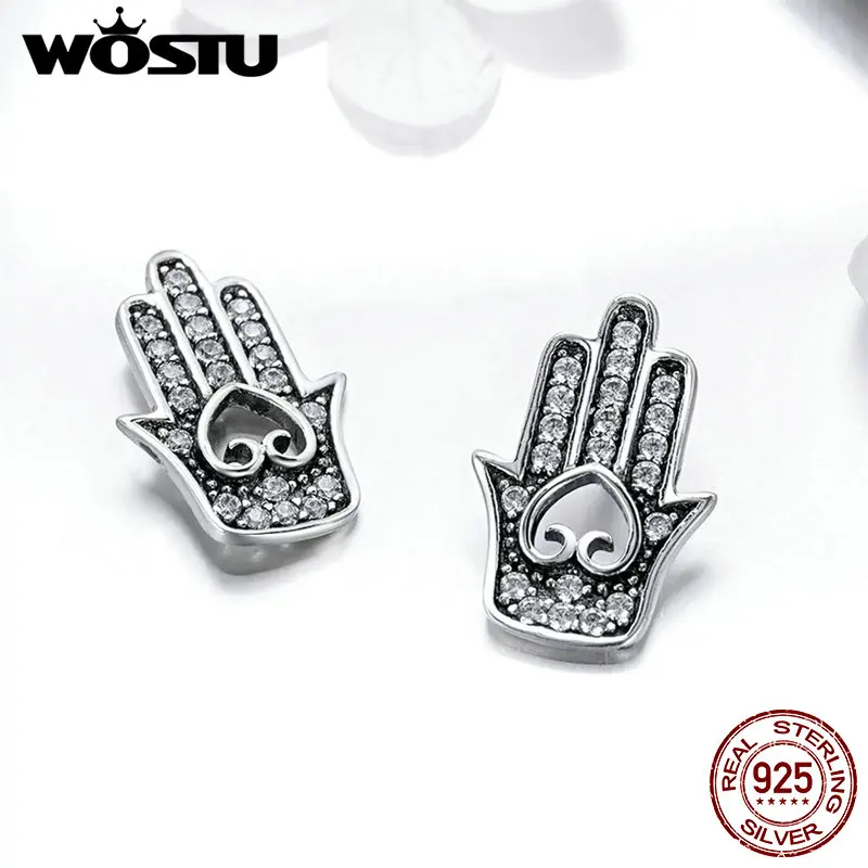 WOSTU 100% стерлингового серебра 925 Фатима Хамса рука сердце серьги гвоздики для