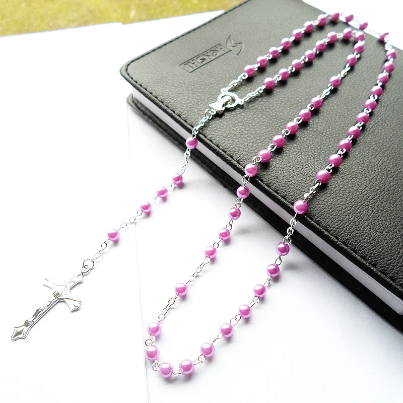 

High quality Bohemia Light purple Pearl beads religion Pendant Virgin Mary Catholic Christ Jesus Cross Necklaces for Women