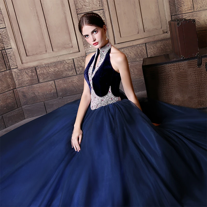 Darlingoddess Королевский синий Quinceanera платья с длинным рукавом аппликации кружева