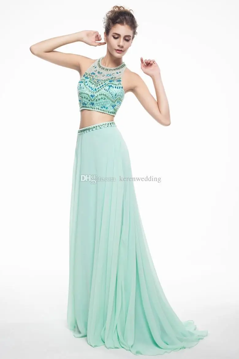 Two Pieces Long Prom Dresses 2015 with Sheer Neck Backless Party Dress Sexy Beading Crystals Mint Evening Gown S1546|dresse|dresses dropshipdress