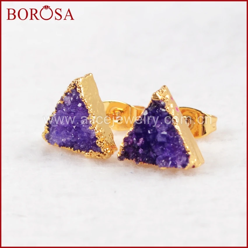 Распродажа треугольные серьги гвоздики BOROSA с натуральным кристаллом 1 пара