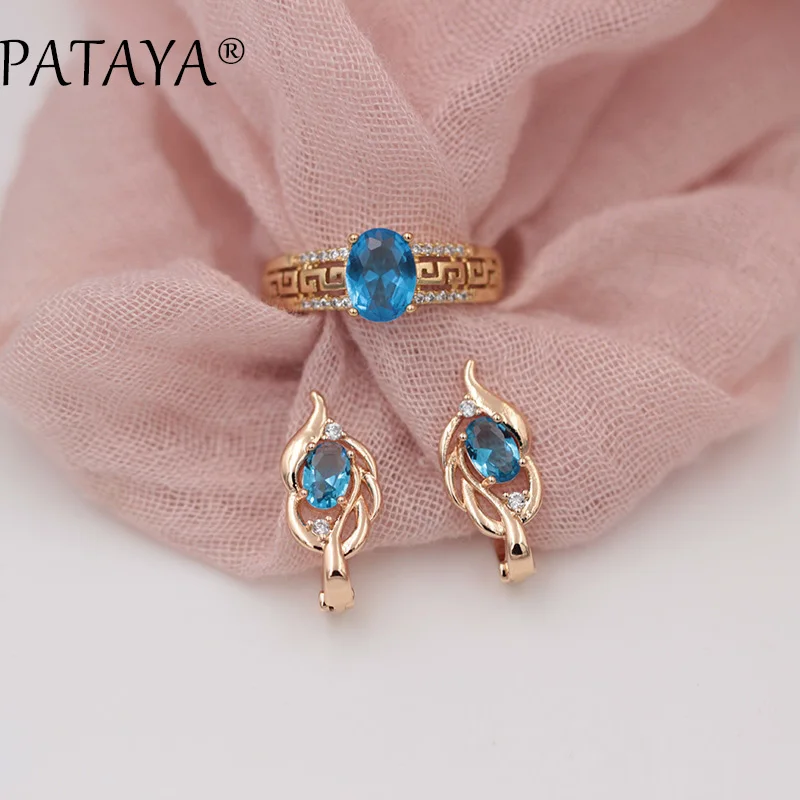 PATAYA, Новое поступление, женские серьги-капли из розового золота 585, Винтажные серьги, кольца, наборы, синий овальный Природный Цирконий, изысканные эксклюзивные ювелирные изделия