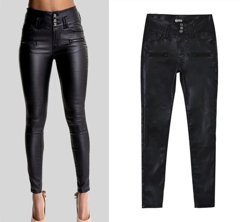 Обтягивающие джинсы из искусственной кожи с высокой талией длинные кожаные