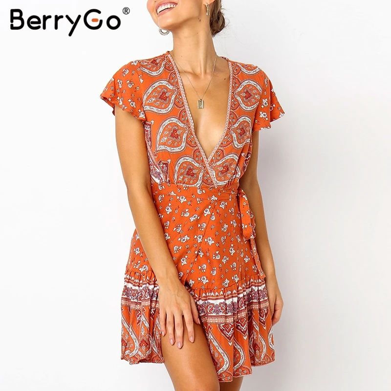 BerryGo женские платья Boho floaral Платье с принтом сексуальные глубокие v-образным