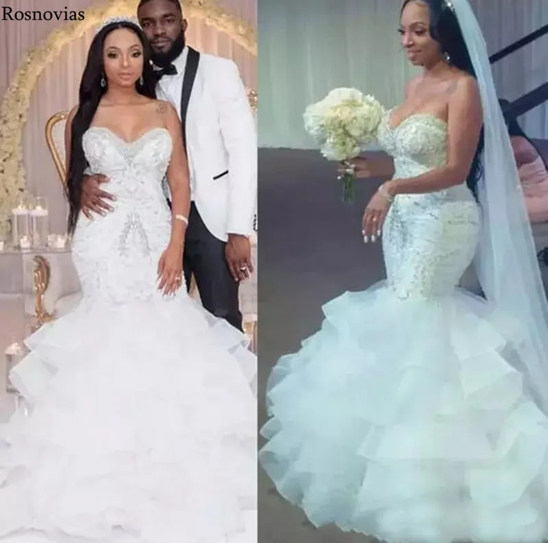 Luxury Mermaid Wedding Dresses 2020 Strapless Lace Up Back Sweep Train Beaded Crystal Plus Size Bridal Gowns Robe De Mariée | Свадьбы и