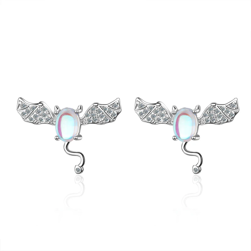 

KOFSAC New Fashion 925 Sterling Silver Stud Earrings For Women Exquisite Moonstone Little Devil Earring Shiny CZ Bat Ear Jewelry