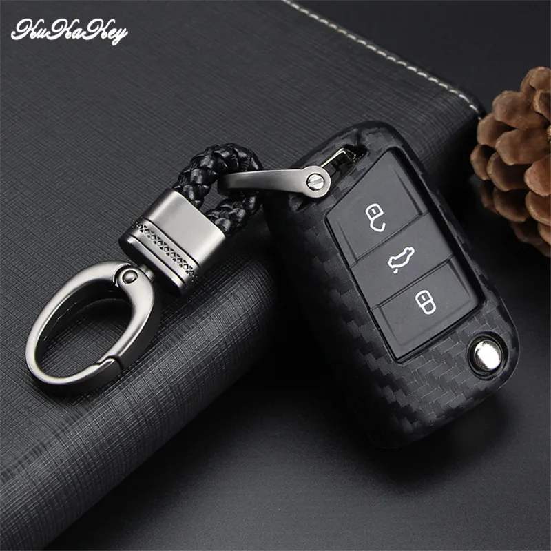 KUKAKEY углеродное волокно силиконовый чехол для ключей от машины VW Golf Seat Ibiza Passat B8 B7