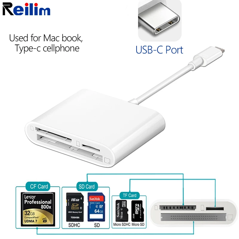 

Переходник 3 в 1 Reilim 3 в 1 для цифровой камеры OTG, кардридера CF, TF, планшета, разветвителя памяти для USB-C Micbook