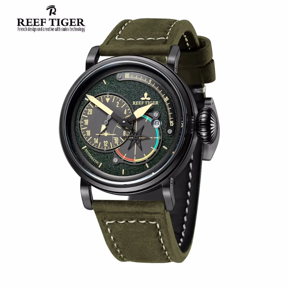 Мужские часы с ремешком из натуральной кожи Reef Tiger брендовые водонепроницаемые
