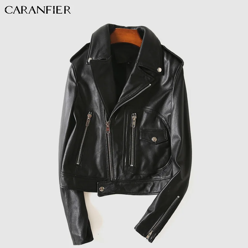 CARANFIER Женская Натуральная овечья кожа куртки мотоциклетная куртка из