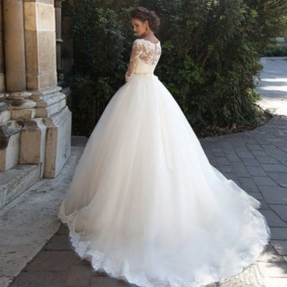 Fansmile, Vestido De Noiva, рукав три четверти, бальное свадебное платье, поезд, подгонянное, винтажное, свадебное, Тюлевое, для свадьбы, FSM-638T