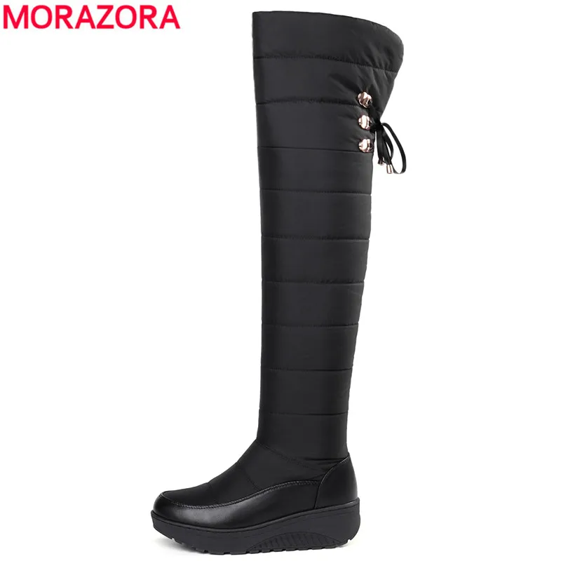 

Женские сапоги со шнуровкой MORAZORA, Черные Сапоги выше колена на платформе, на толстом меху, новинка зимнего сезона 2021