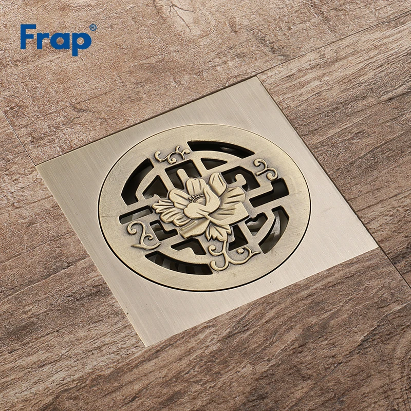 

Frap 10cm Square Modern Brushed Retail Antique Brass Art Carved Flower Bathroom Floor Waste Grate Shower Drain Drainer Y38084