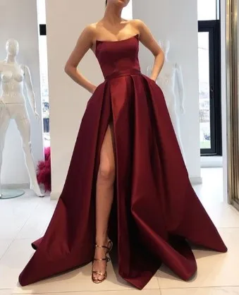 Style 5 Выпускные платья Burgundy с карманами с боковыми без бретелек, сатин элегантные длинные Вечеринка Платья цвет красного вина женское вечернее платье - Цвет: Style 5